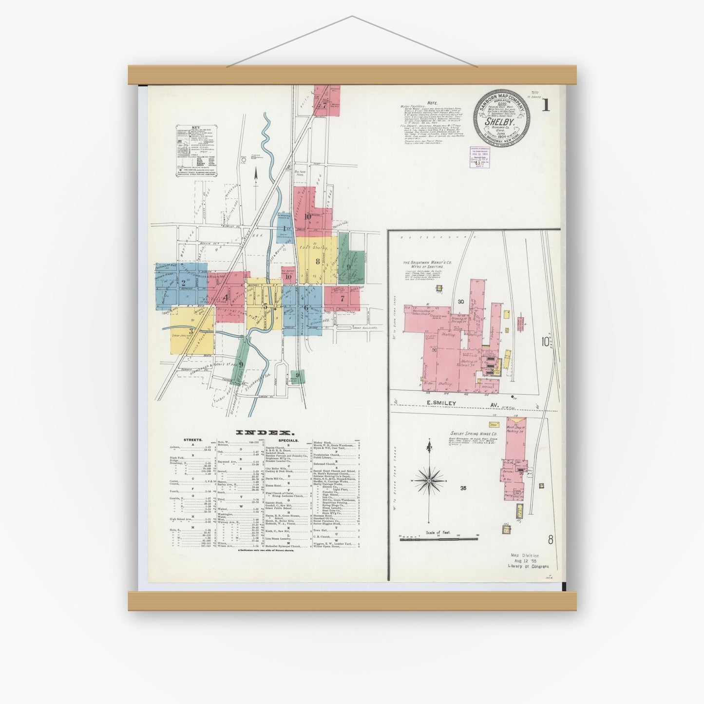 Old map wall art mockup — magnetic wood frame on white wall — Sanborn Fire Insurance Map from Shelby, Richland County, Ohio (1904) - Complete Map Set