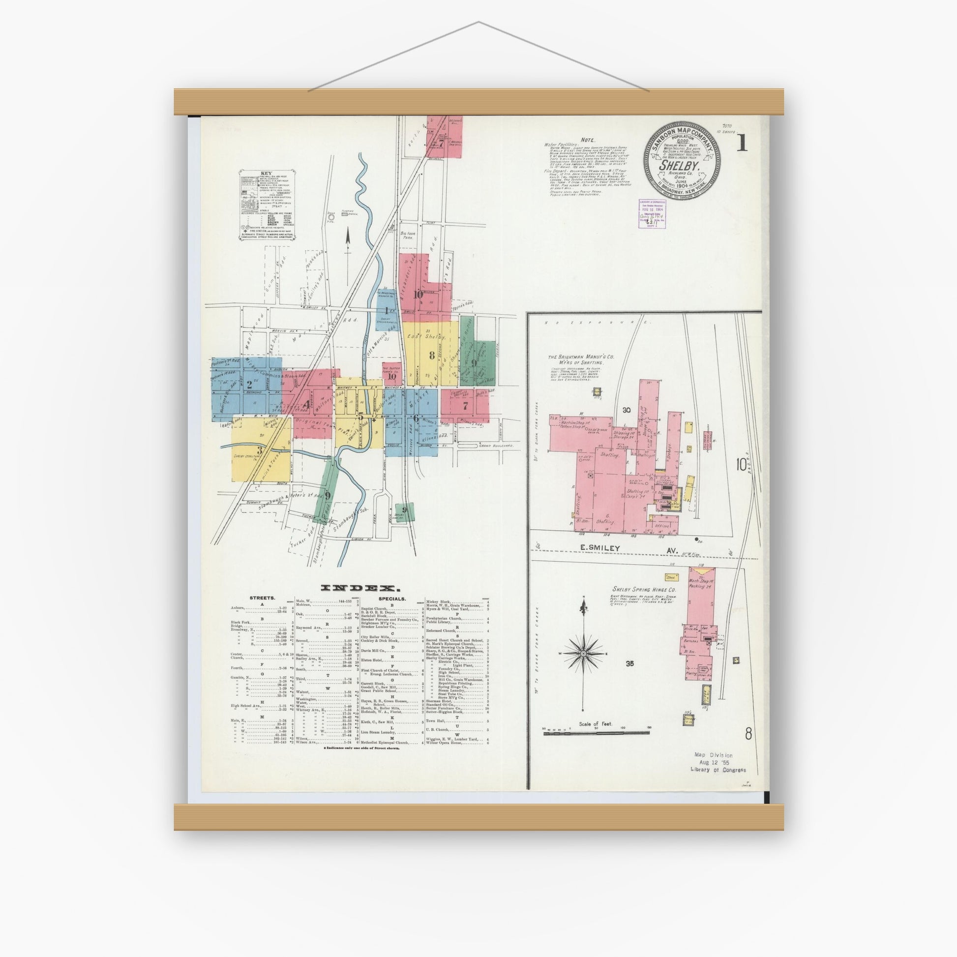 Old map wall art mockup — magnetic wood frame on white wall — Sanborn Fire Insurance Map from Shelby, Richland County, Ohio (1904) - Complete Map Set