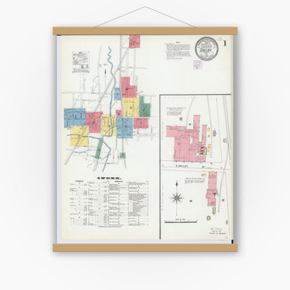 Old map wall art mockup — magnetic wood frame on white wall — Sanborn Fire Insurance Map from Shelby, Richland County, Ohio (1904) - Complete Map Set