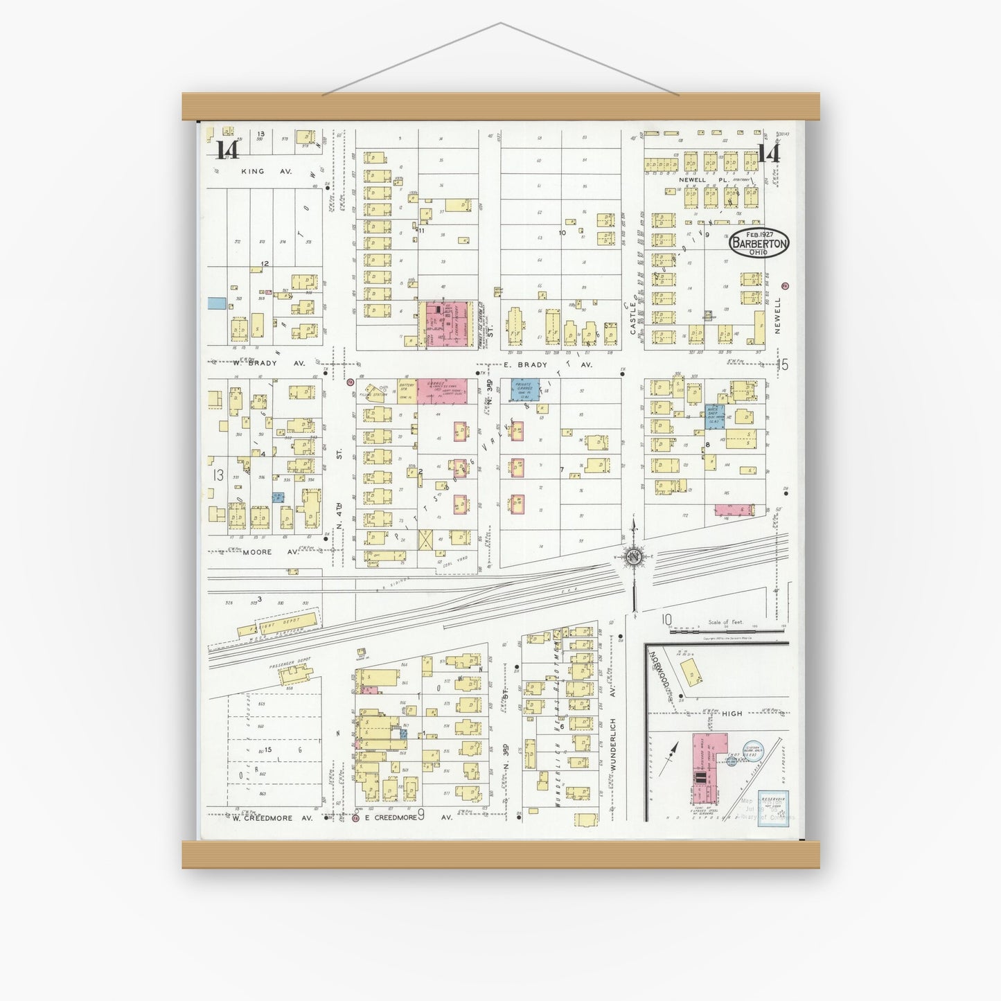 Old map wall art mockup — magnetic wood frame on white wall — Sanborn Fire Insurance Map from Barberton, Summit County, Ohio (1927), Sheet #0014