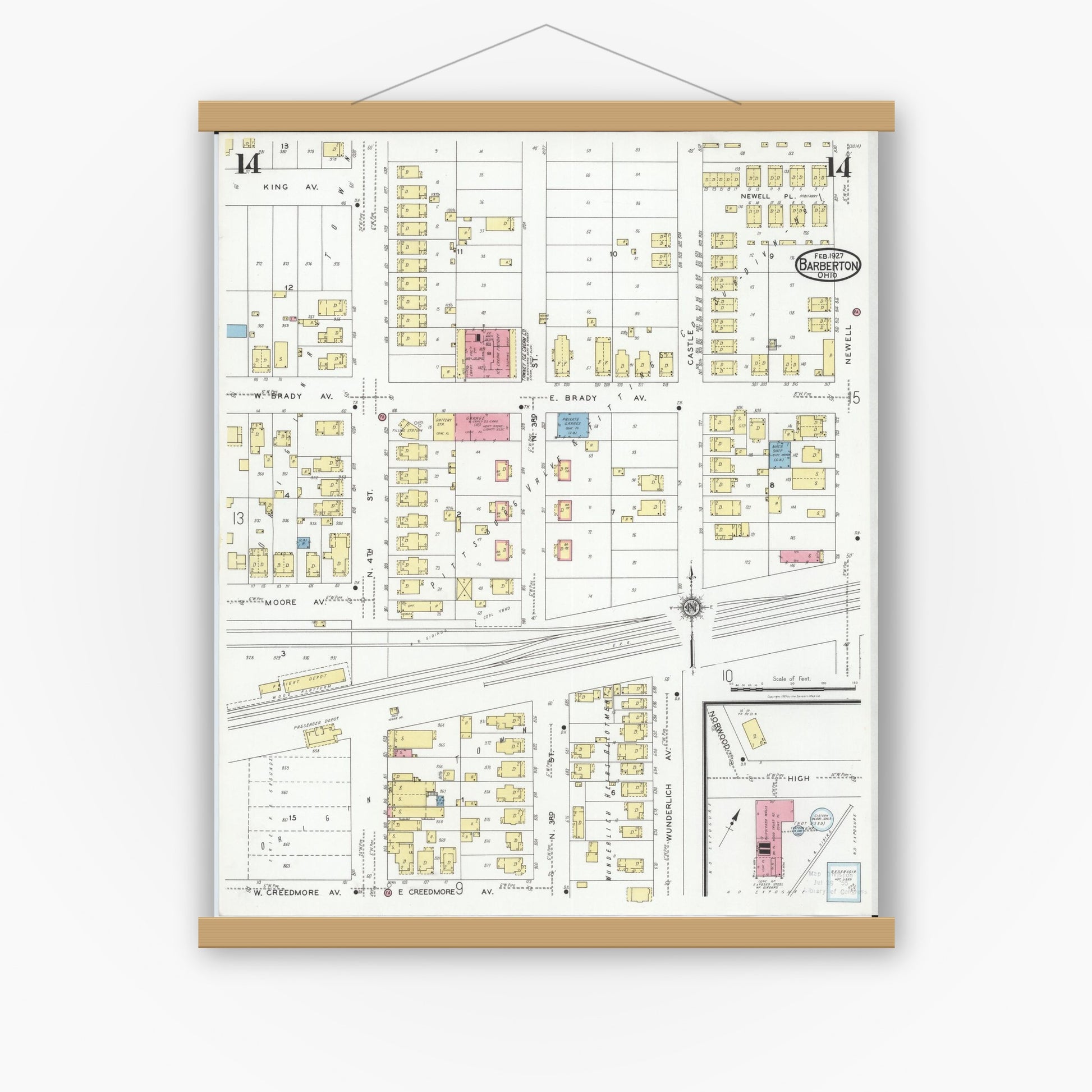 Old map wall art mockup — magnetic wood frame on white wall — Sanborn Fire Insurance Map from Barberton, Summit County, Ohio (1927), Sheet #0014
