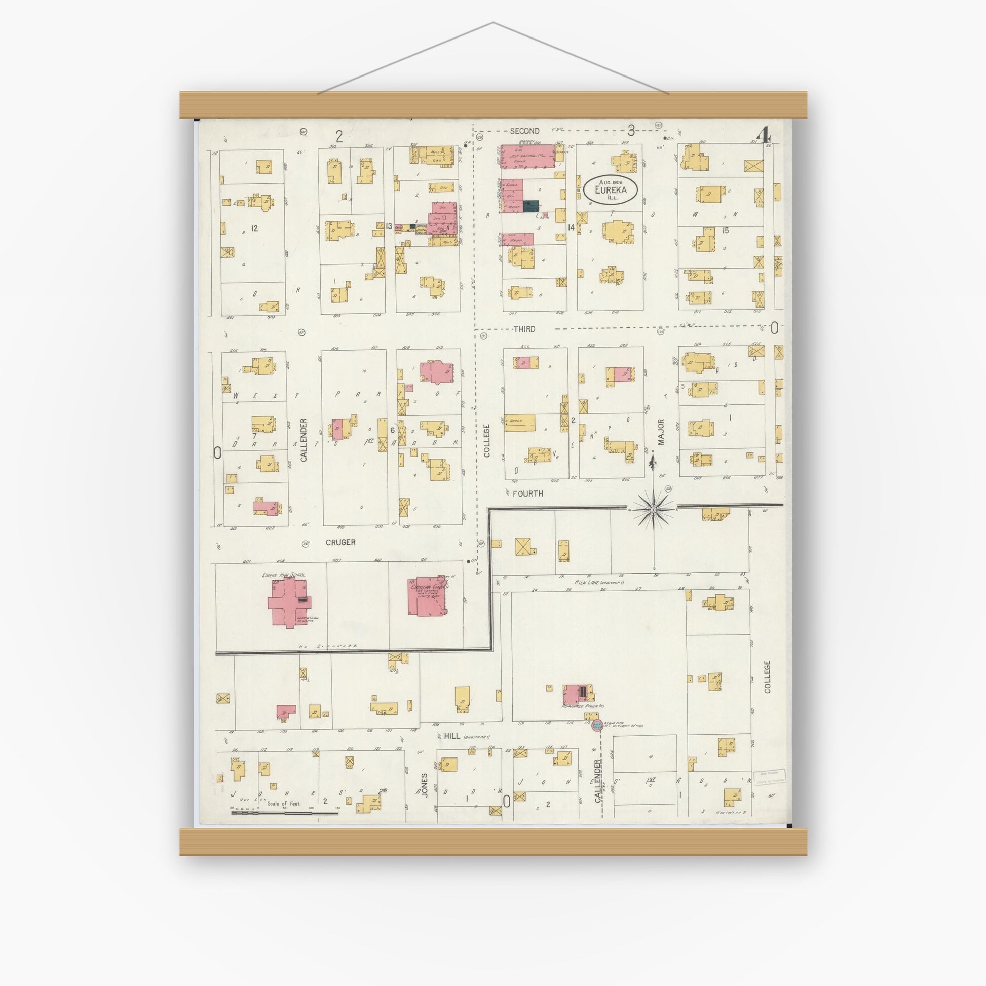 Old map wall art mockup — magnetic wood frame on white wall — Sanborn Fire Insurance Map from Eureka, Woodford County, Illinois (1906), Sheet #0004