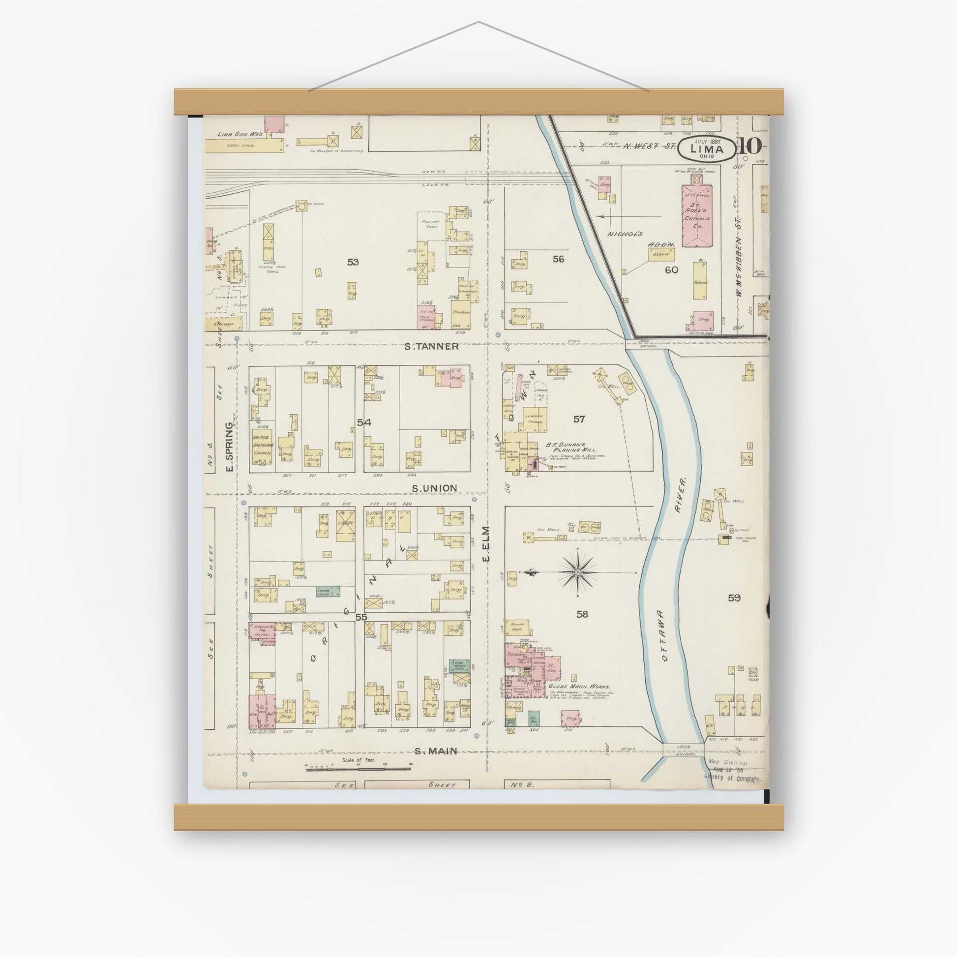 Old map wall art mockup — magnetic wood frame on white wall — Sanborn Fire Insurance Map from Lima, Allen County, Ohio (1887), Sheet #0010