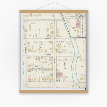 Old map wall art mockup — magnetic wood frame on white wall — Sanborn Fire Insurance Map from Lima, Allen County, Ohio (1887), Sheet #0010