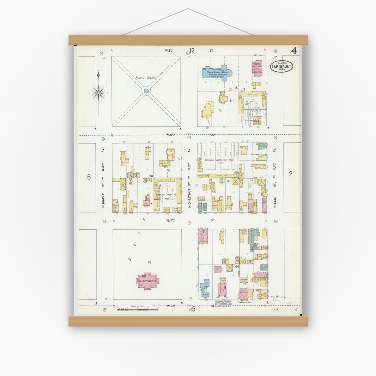 Old map wall art mockup — magnetic wood frame on white wall — Sanborn Fire Insurance Map from Faribault, Rice County, Minnesota (1899), Sheet #0004