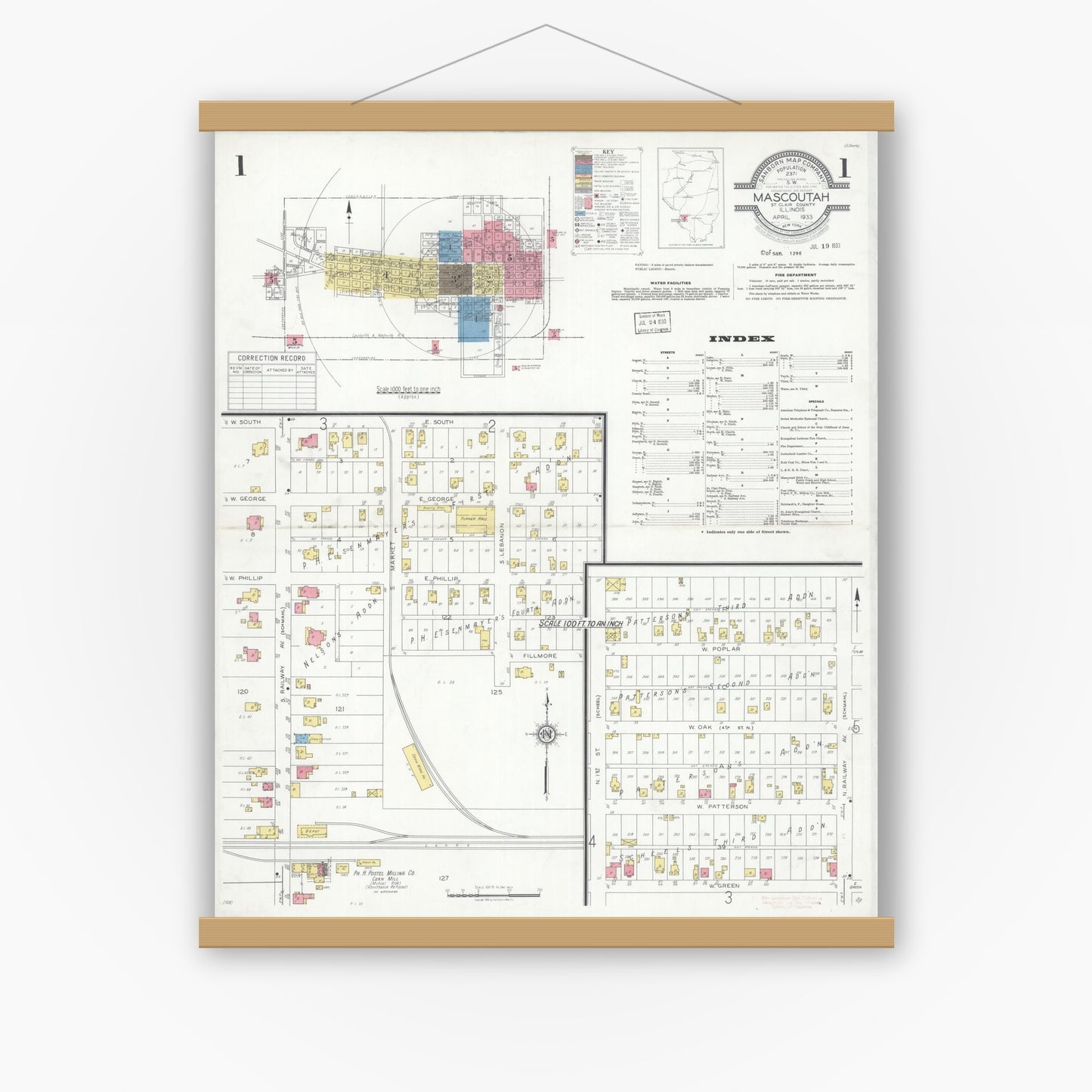 Old map wall art mockup — magnetic wood frame on white wall — Sanborn Fire Insurance Map from Mascoutah, Saint Clair County, Illinois (1933) - Complete Map Set