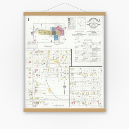 Old map wall art mockup — magnetic wood frame on white wall — Sanborn Fire Insurance Map from Mascoutah, Saint Clair County, Illinois (1933) - Complete Map Set