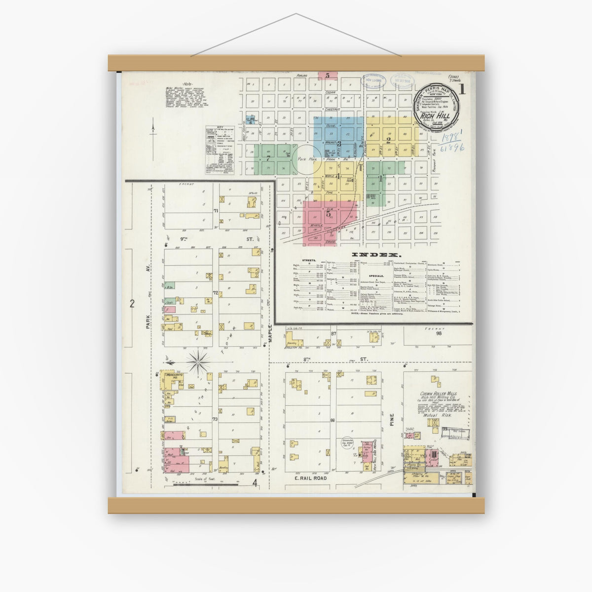 Old map wall art mockup — magnetic wood frame on white wall — Sanborn Fire Insurance Map from Rich Hill, Bates County, Missouri (1898) - Complete Map Set