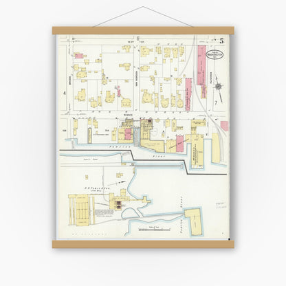 Old map wall art mockup — magnetic wood frame on white wall — Sanborn Fire Insurance Map from Washington, Beaufort County, North Carolina (1911), Sheet #0005