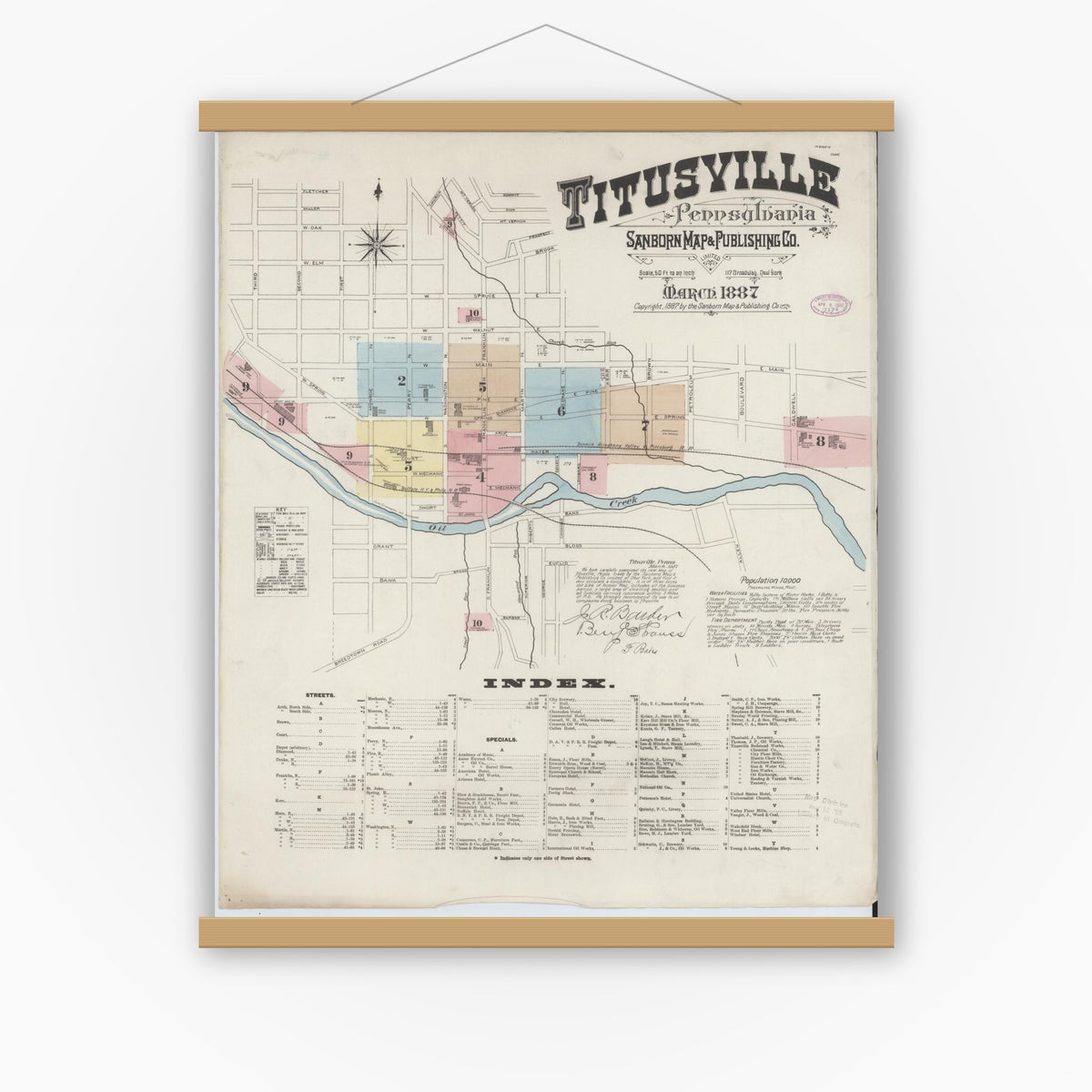 Old map wall art mockup — magnetic wood frame on white wall — Sanborn Fire Insurance Map from Titusville, Crawford County, Pennsylvania (1887), Sheet #0001