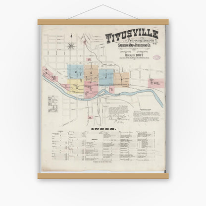 Old map wall art mockup — magnetic wood frame on white wall — Sanborn Fire Insurance Map from Titusville, Crawford County, Pennsylvania (1887), Sheet #0001