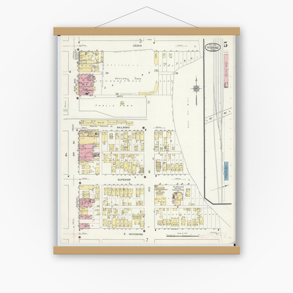 Old map wall art mockup — magnetic wood frame on white wall — Sanborn Fire Insurance Map from Hibbing, Saint Louis County, Minnesota (1913), Sheet #0005