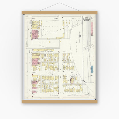 Old map wall art mockup — magnetic wood frame on white wall — Sanborn Fire Insurance Map from Hibbing, Saint Louis County, Minnesota (1913), Sheet #0005