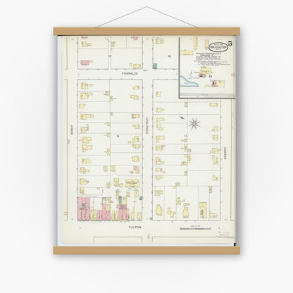 Old map wall art mockup — magnetic wood frame on white wall — Sanborn Fire Insurance Map from Wauseon, Fulton County, Ohio (1893), Sheet #0005