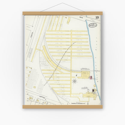 Old map wall art mockup — magnetic wood frame on white wall — Sanborn Fire Insurance Map from Merrill, Lincoln County, Wisconsin (1892), Sheet #0013