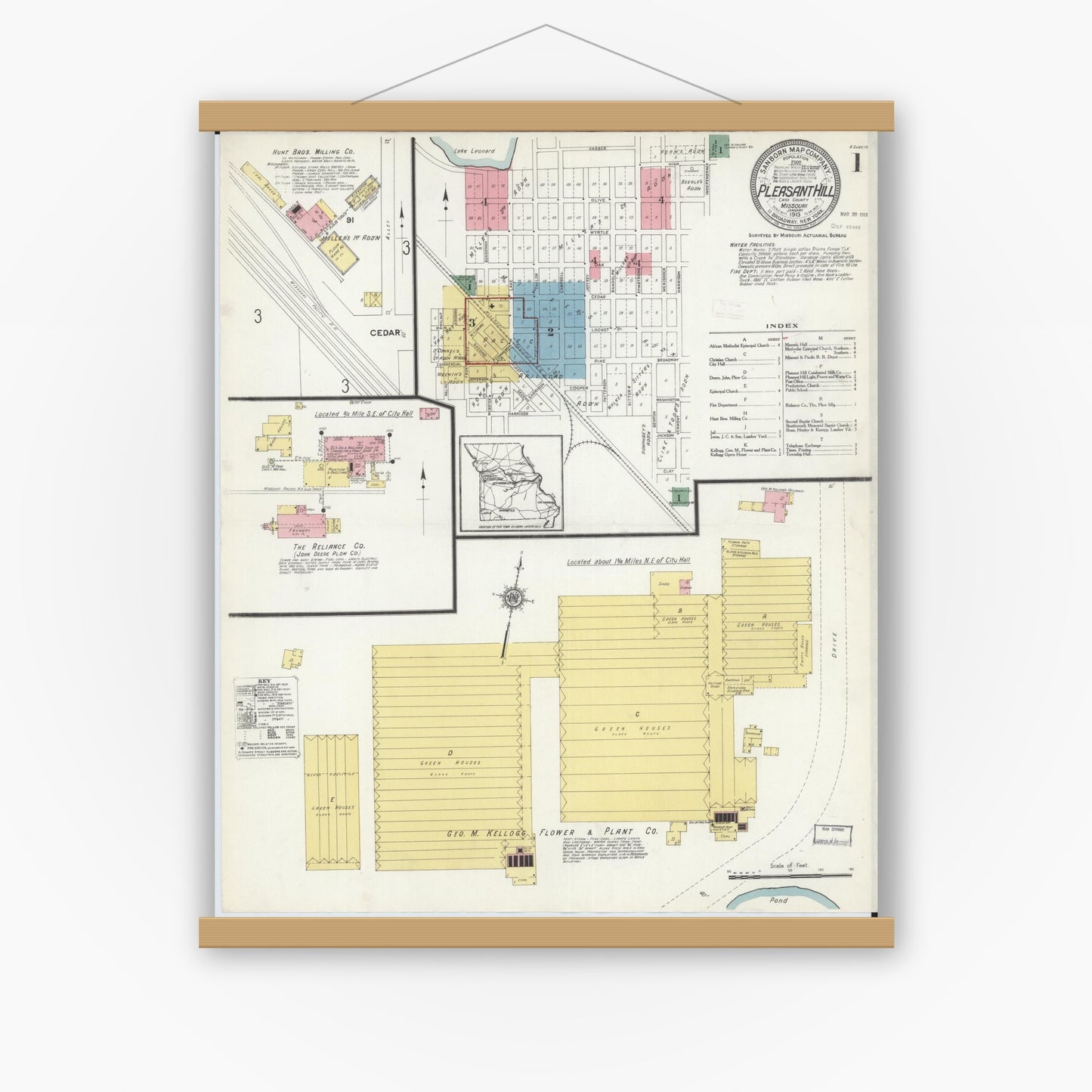 Old map wall art mockup — magnetic wood frame on white wall — Sanborn Fire Insurance Map from Pleasant Hill, Cass County, Missouri (1913) - Complete Map Set