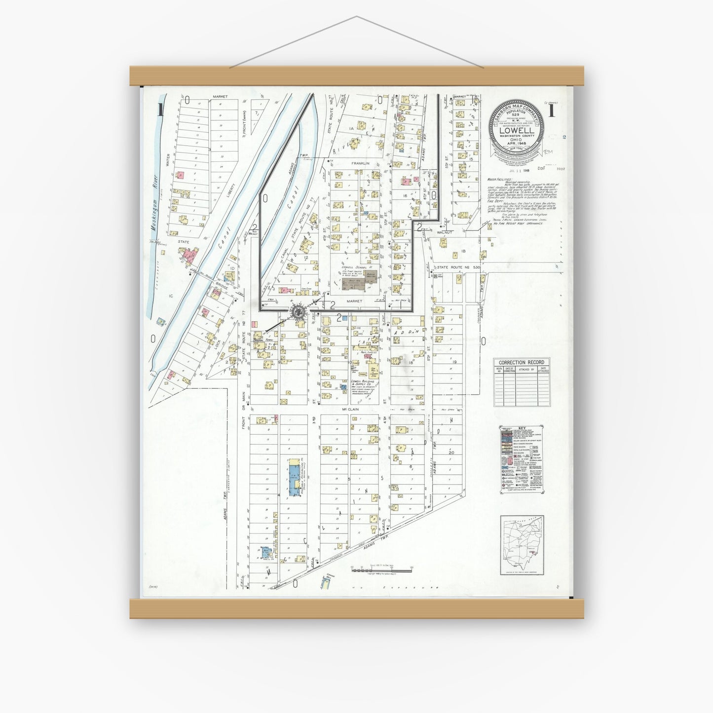 Old map wall art mockup — magnetic wood frame on white wall — Sanborn Fire Insurance Map from Lowell, Washington County, Ohio (1948) - Complete Map Set