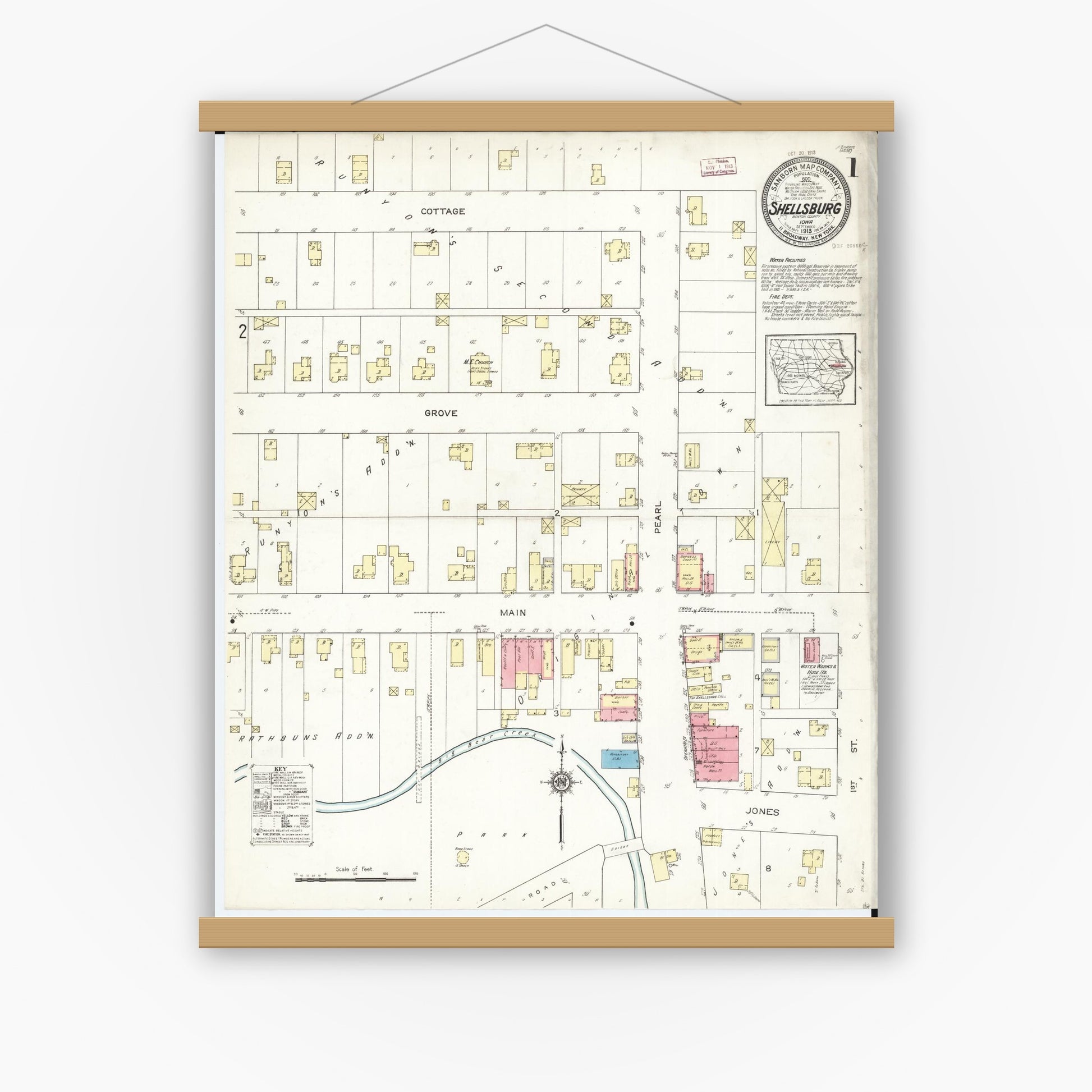 Old map wall art mockup — magnetic wood frame on white wall — Sanborn Fire Insurance Map from Shellsburg, Benton County, Iowa (1913) â€” Complete Set