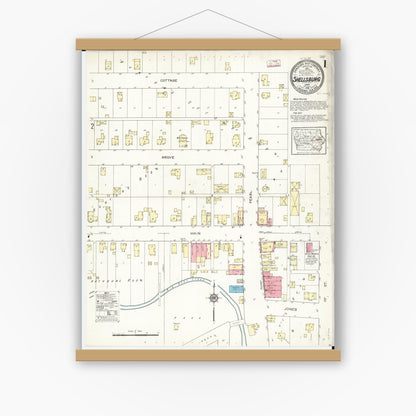 Old map wall art mockup — magnetic wood frame on white wall — Sanborn Fire Insurance Map from Shellsburg, Benton County, Iowa (1913) â€” Complete Set