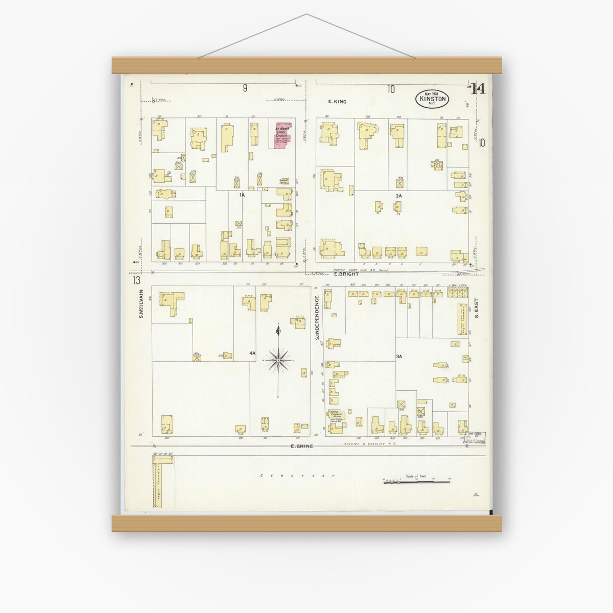 Old map wall art mockup — magnetic wood frame on white wall — Sanborn Fire Insurance Map from Kinston, Lenoir County, North Carolina (1908), Sheet #0014