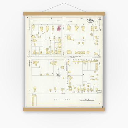 Old map wall art mockup — magnetic wood frame on white wall — Sanborn Fire Insurance Map from Kinston, Lenoir County, North Carolina (1908), Sheet #0014