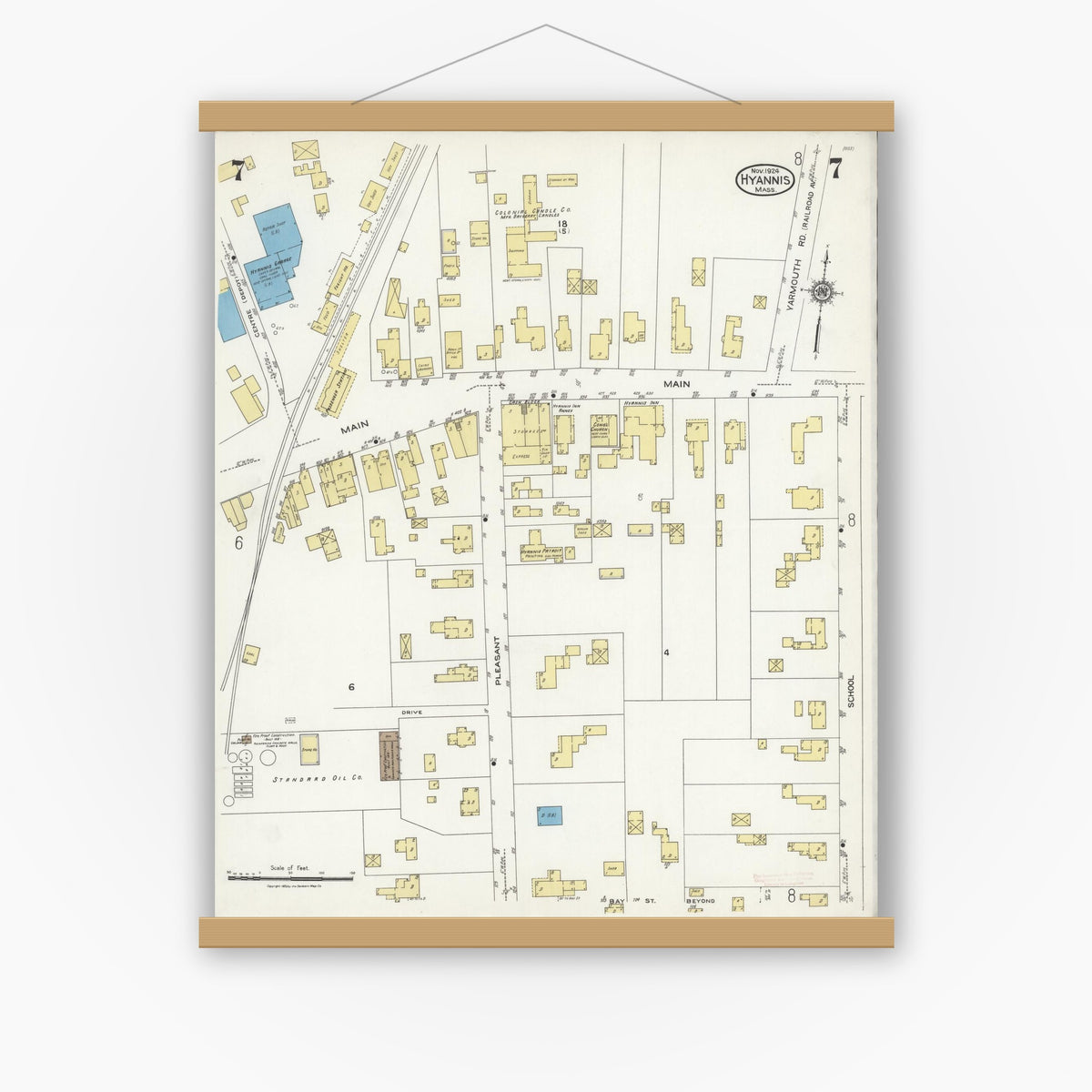 Old map wall art mockup — magnetic wood frame on white wall — Sanborn Fire Insurance Map from Hyannis, Barnstable County, Massachusetts (1924), Sheet #0007