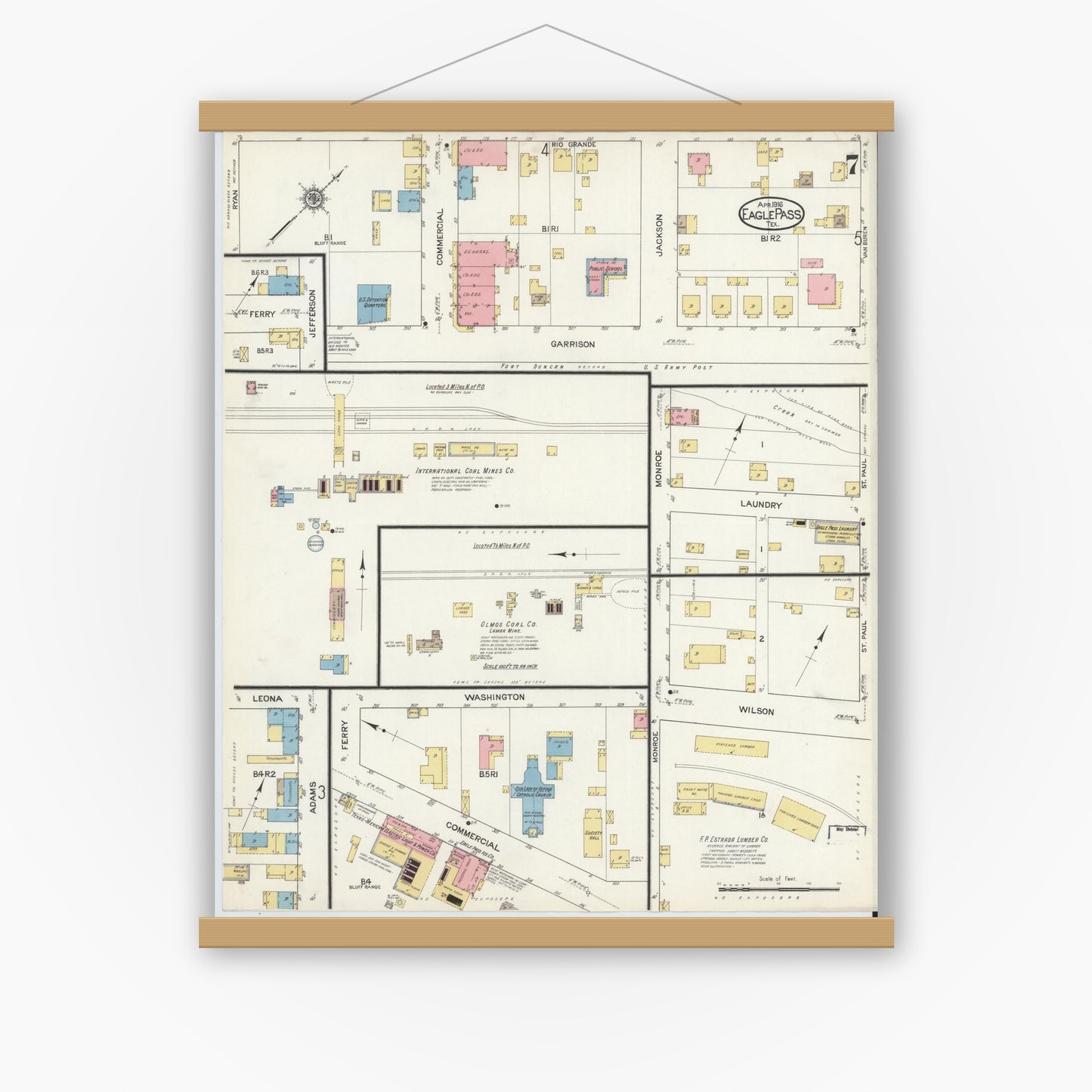 Old map wall art mockup — magnetic wood frame on white wall — Sanborn Fire Insurance Map from Eagle Pass, Maverick County, Texas (1916), Sheet #0007