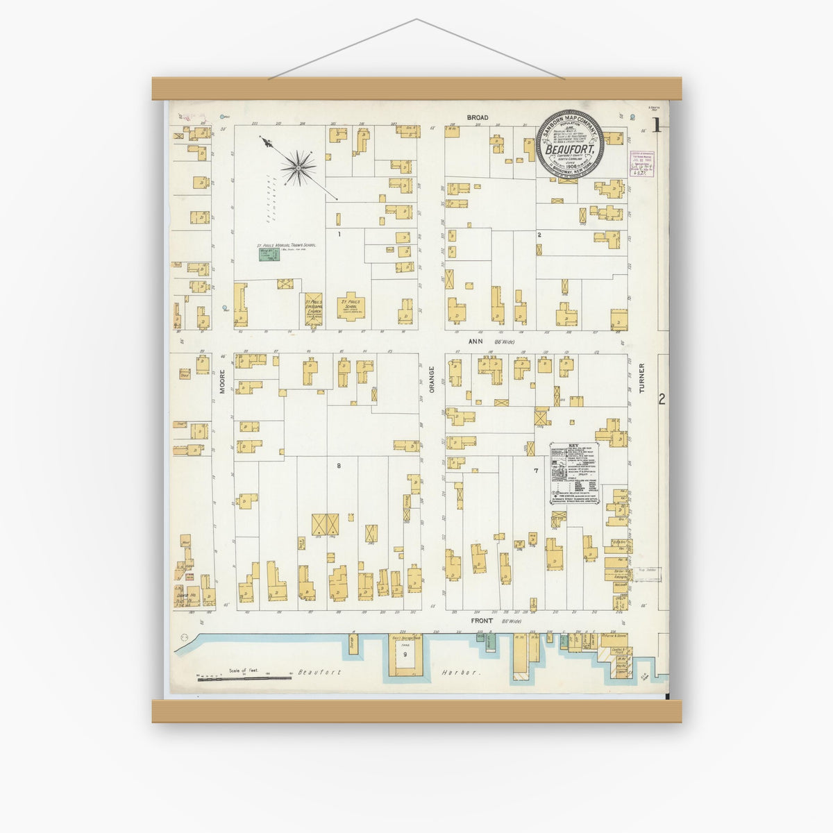 Old map wall art mockup — magnetic wood frame on white wall — Sanborn Fire Insurance Map from Beaufort, Carteret County, North Carolina (1904), Sheet #0001