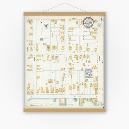 Old map wall art mockup — magnetic wood frame on white wall — Sanborn Fire Insurance Map from Beaufort, Carteret County, North Carolina (1904), Sheet #0001