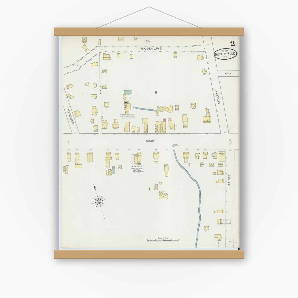 Old map wall art mockup — magnetic wood frame on white wall — Sanborn Fire Insurance Map from Monticello, Sullivan County, New York (1892), Sheet #0002