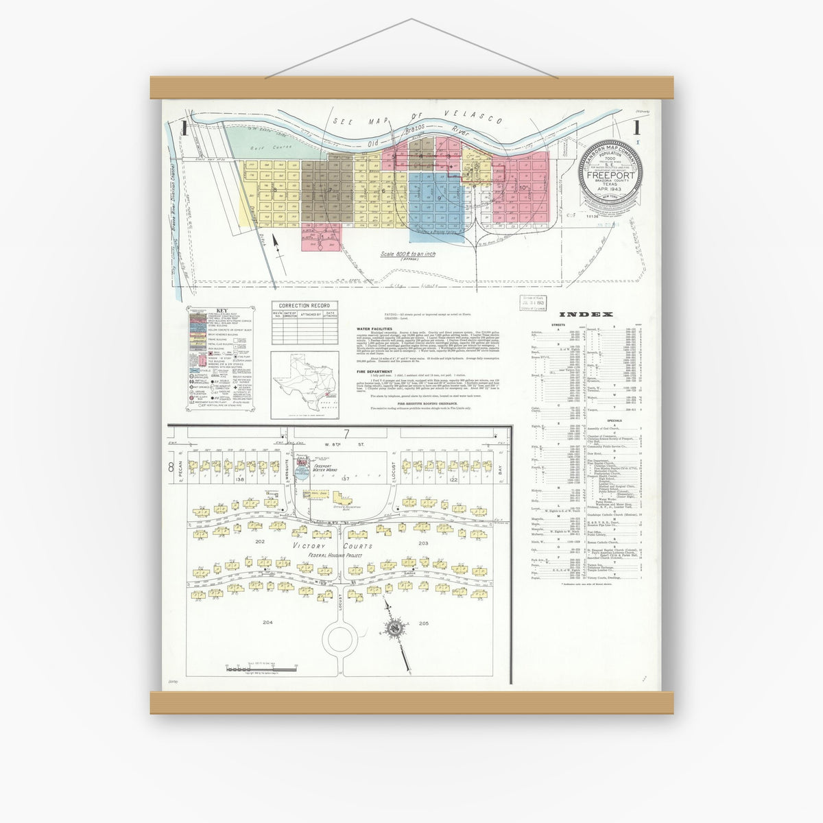 Old map wall art mockup — magnetic wood frame on white wall — Sanborn Fire Insurance Map from Freeport, Brazoria County, Texas (1943), Sheet #0001