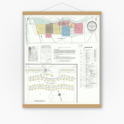 Old map wall art mockup — magnetic wood frame on white wall — Sanborn Fire Insurance Map from Freeport, Brazoria County, Texas (1943), Sheet #0001