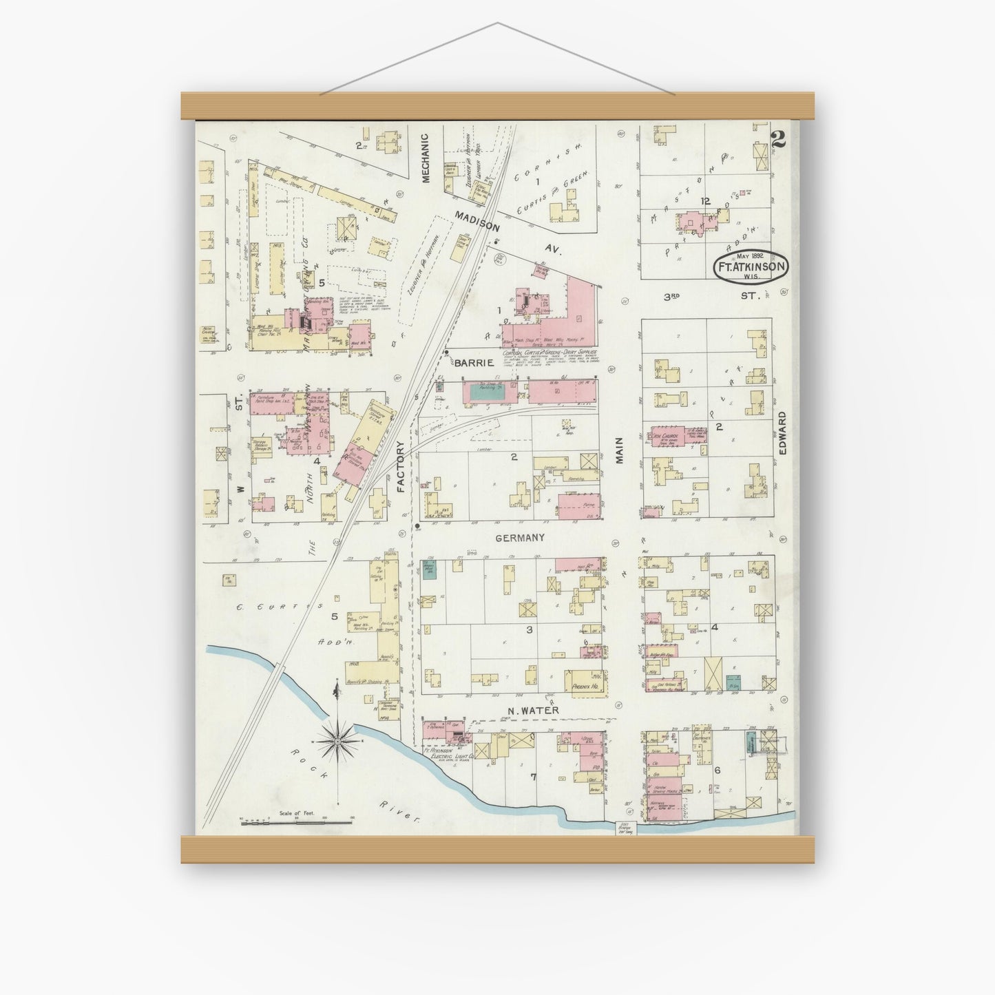 Old map wall art mockup — magnetic wood frame on white wall — Sanborn Fire Insurance Map from Fort Atkinson, Jefferson County, Wisconsin (1892), Sheet #0002