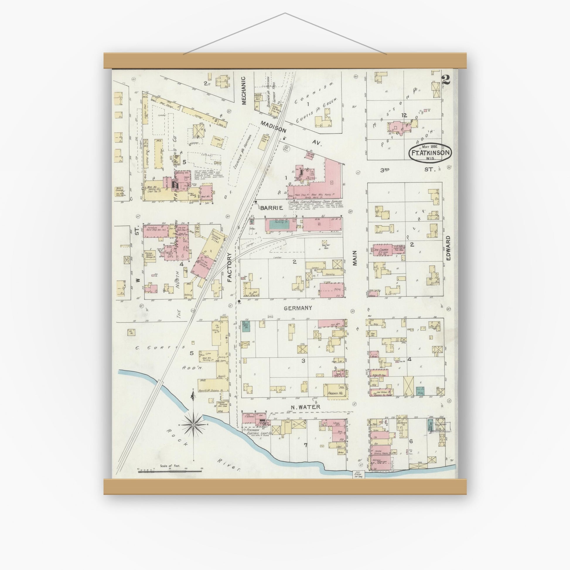 Old map wall art mockup — magnetic wood frame on white wall — Sanborn Fire Insurance Map from Fort Atkinson, Jefferson County, Wisconsin (1892), Sheet #0002