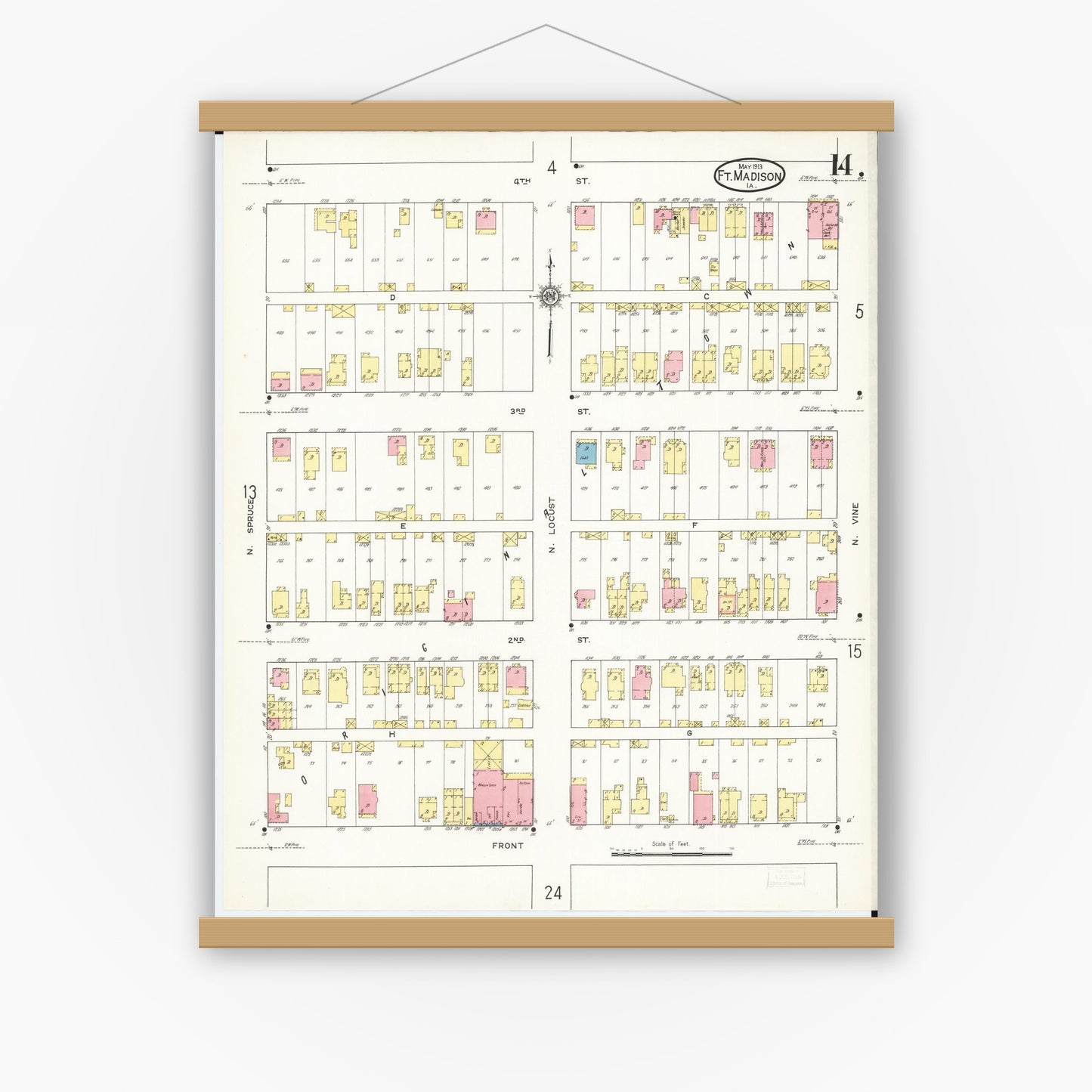 Old map wall art mockup — magnetic wood frame on white wall — Sanborn Fire Insurance Map from Fort Madison, Lee County, Iowa (1913), Sheet #0014