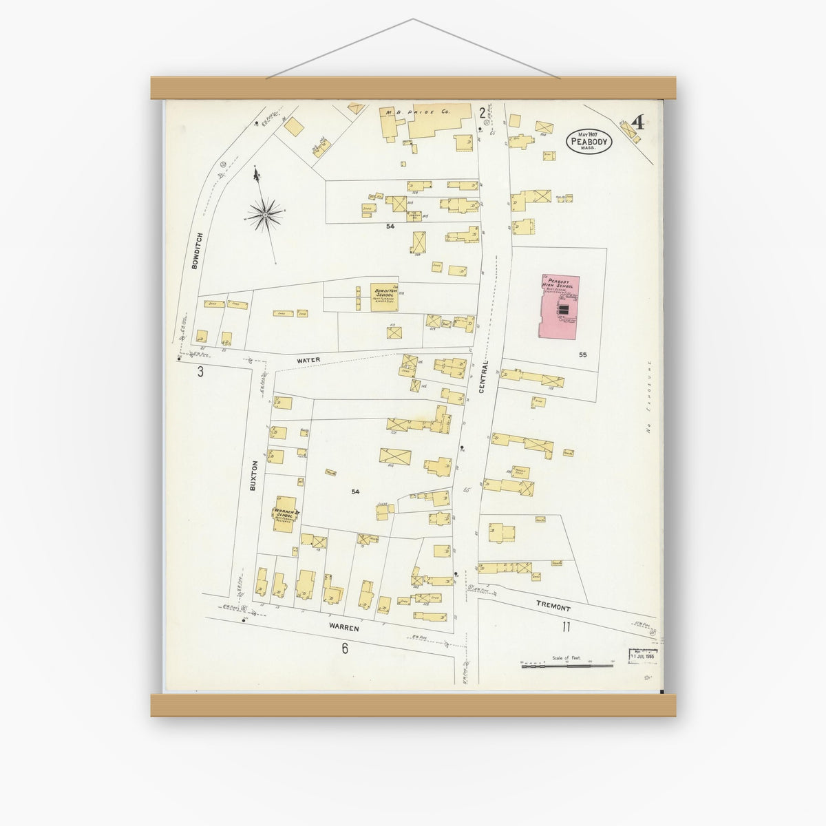 Old map wall art mockup — magnetic wood frame on white wall — Sanborn Fire Insurance Map from Peabody, Essex County, Massachusetts (1907), Sheet #0004