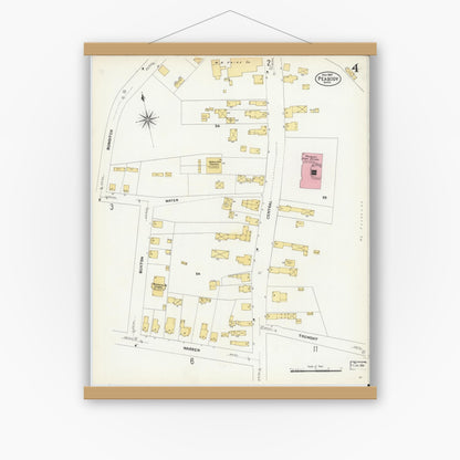 Old map wall art mockup — magnetic wood frame on white wall — Sanborn Fire Insurance Map from Peabody, Essex County, Massachusetts (1907), Sheet #0004