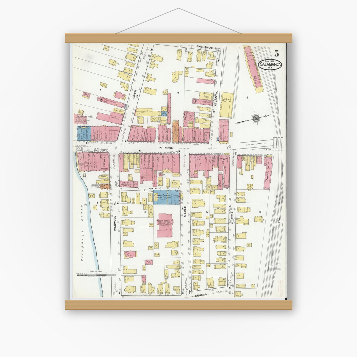 Old map wall art mockup — magnetic wood frame on white wall — Sanborn Fire Insurance Map from Salamanca, Cattaraugus County, New York (1918), Sheet #0005