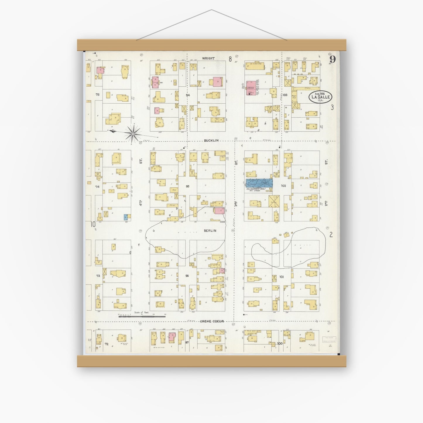Old map wall art mockup — magnetic wood frame on white wall — Sanborn Fire Insurance Map from La Salle, La Salle County, Illinois (1906), Sheet #0009