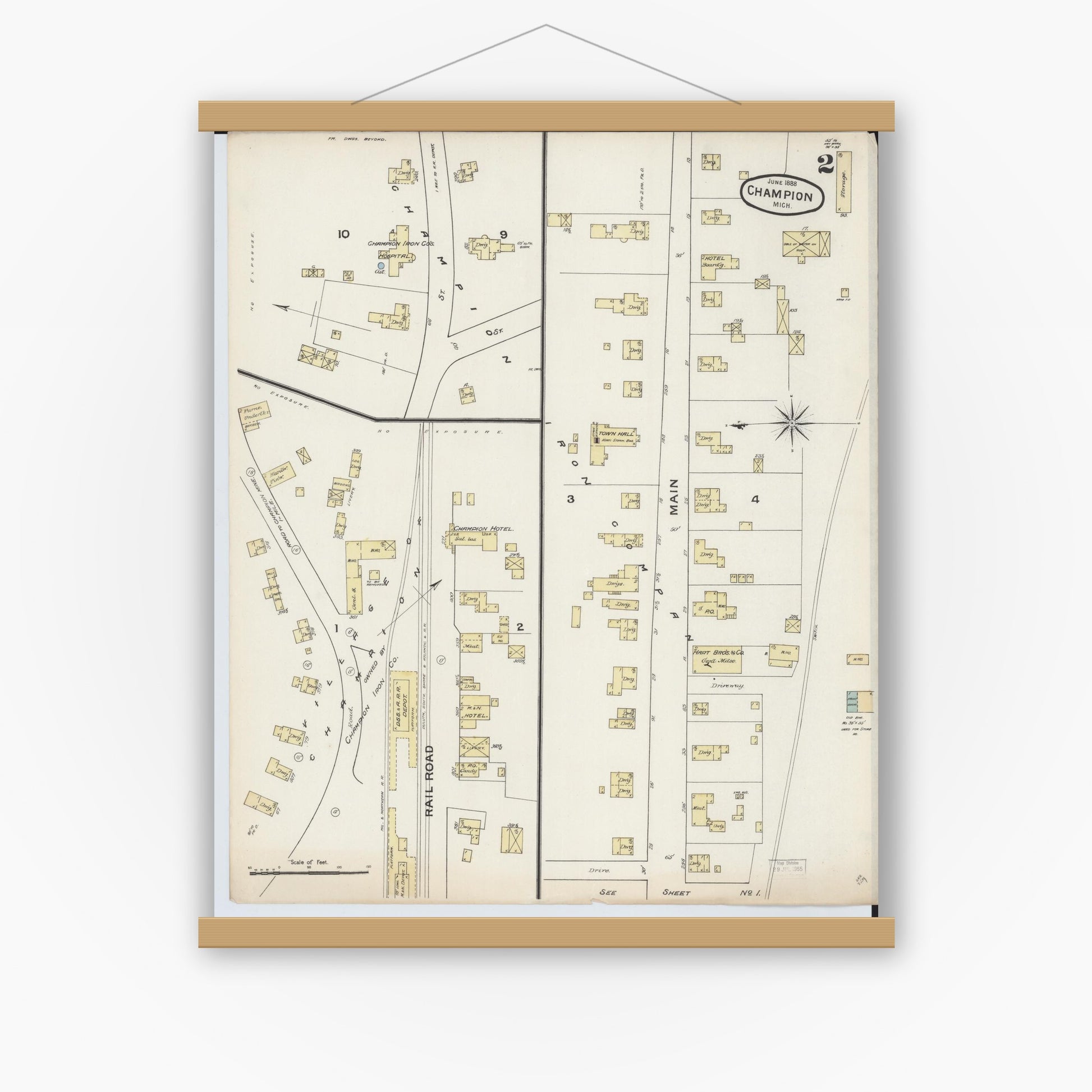 Old map wall art mockup — magnetic wood frame on white wall — Sanborn Fire Insurance Map from Champion, Marquette County, Michigan (1888), Sheet #0002