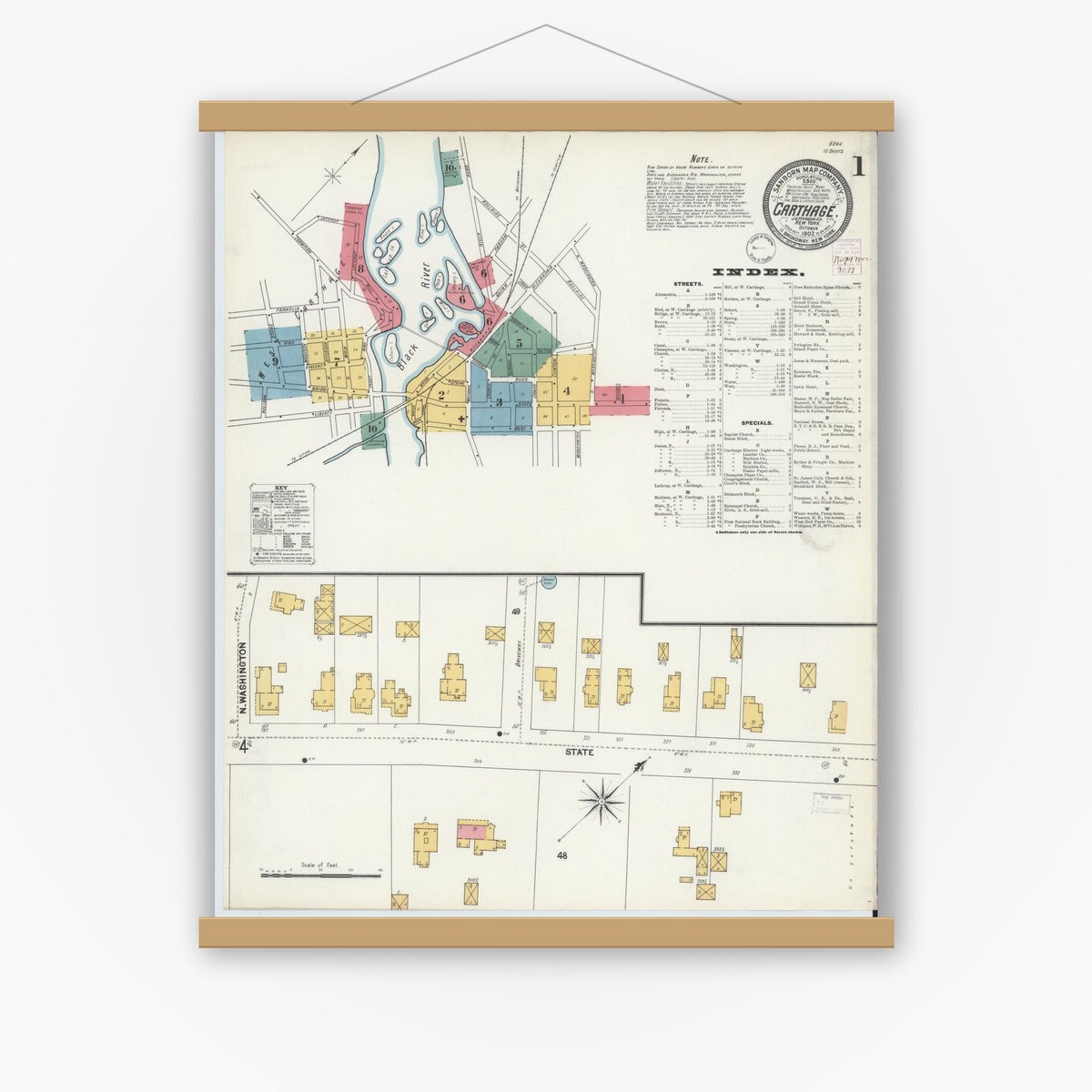 Old map wall art mockup — magnetic wood frame on white wall — Sanborn Fire Insurance Map from Carthage, Jefferson County, New York (1902) - Complete Map Set