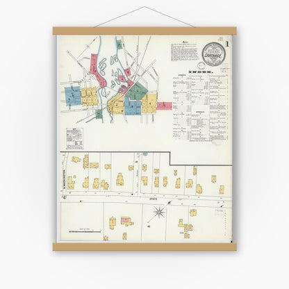 Old map wall art mockup — magnetic wood frame on white wall — Sanborn Fire Insurance Map from Carthage, Jefferson County, New York (1902) - Complete Map Set