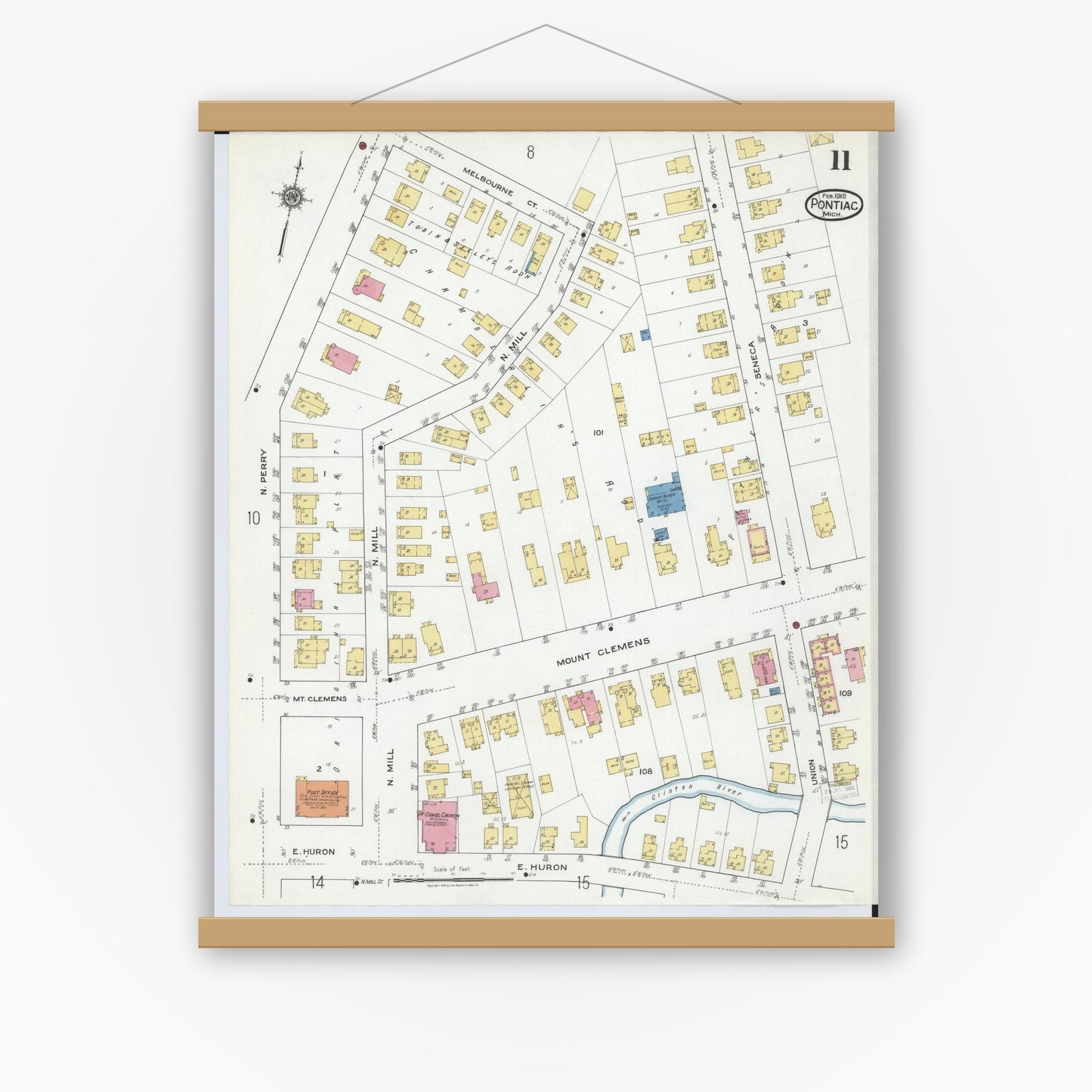Old map wall art mockup — magnetic wood frame on white wall — Sanborn Fire Insurance Map from Pontiac, Oakland County, Michigan (1919), Sheet #0011