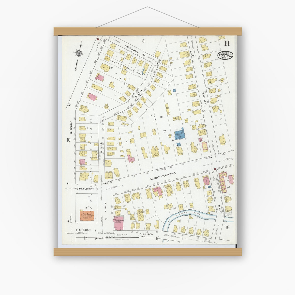 Old map wall art mockup — magnetic wood frame on white wall — Sanborn Fire Insurance Map from Pontiac, Oakland County, Michigan (1919), Sheet #0011