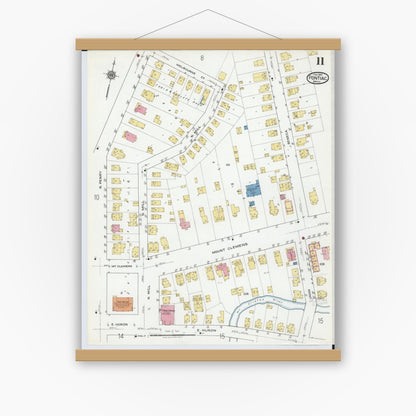 Old map wall art mockup — magnetic wood frame on white wall — Sanborn Fire Insurance Map from Pontiac, Oakland County, Michigan (1919), Sheet #0011
