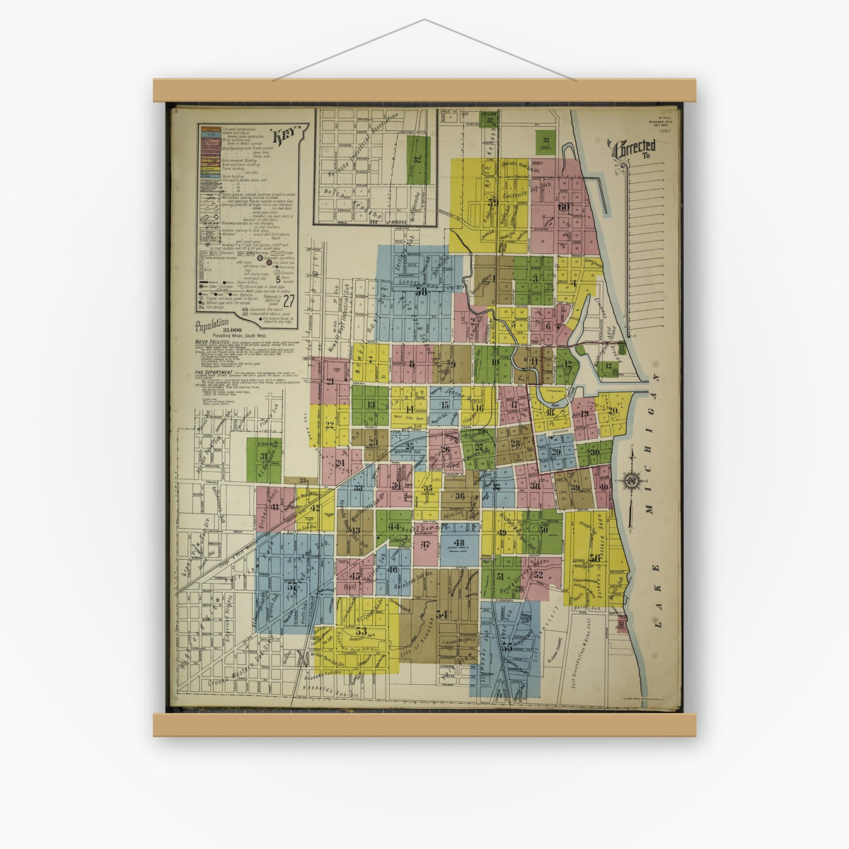 Old map wall art mockup — magnetic wood frame on white wall — Sanborn Fire Insurance Map from Kenosha, Kenosha County, Wisconsin. (1918), Sheet 4