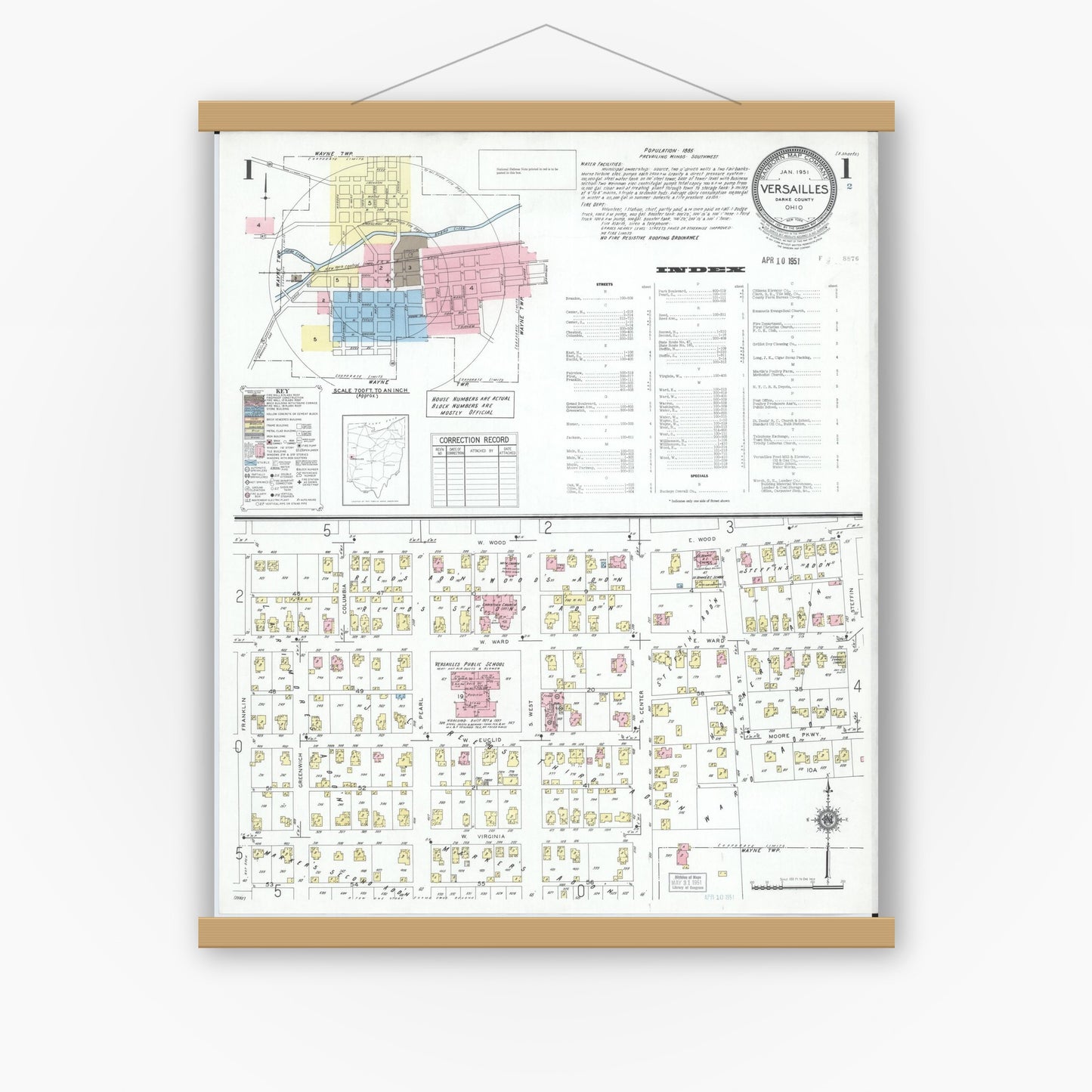 Old map wall art mockup — magnetic wood frame on white wall — Sanborn Fire Insurance Map from Versailles, Darke County, Ohio (1951) - Complete Map Set