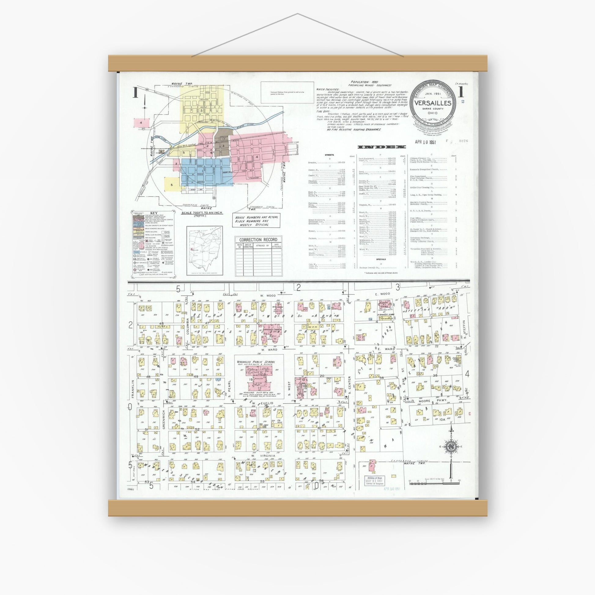 Old map wall art mockup — magnetic wood frame on white wall — Sanborn Fire Insurance Map from Versailles, Darke County, Ohio (1951) - Complete Map Set