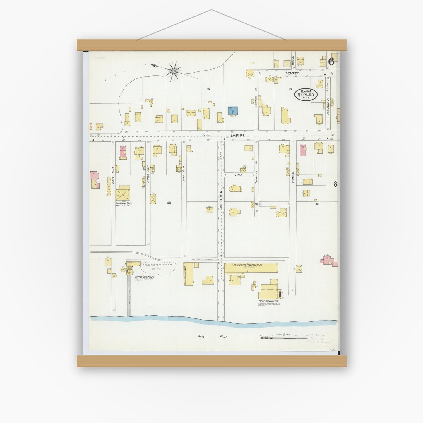 Old map wall art mockup — magnetic wood frame on white wall — Sanborn Fire Insurance Map from Ripley, Brown County, Ohio (1904), Sheet #0006