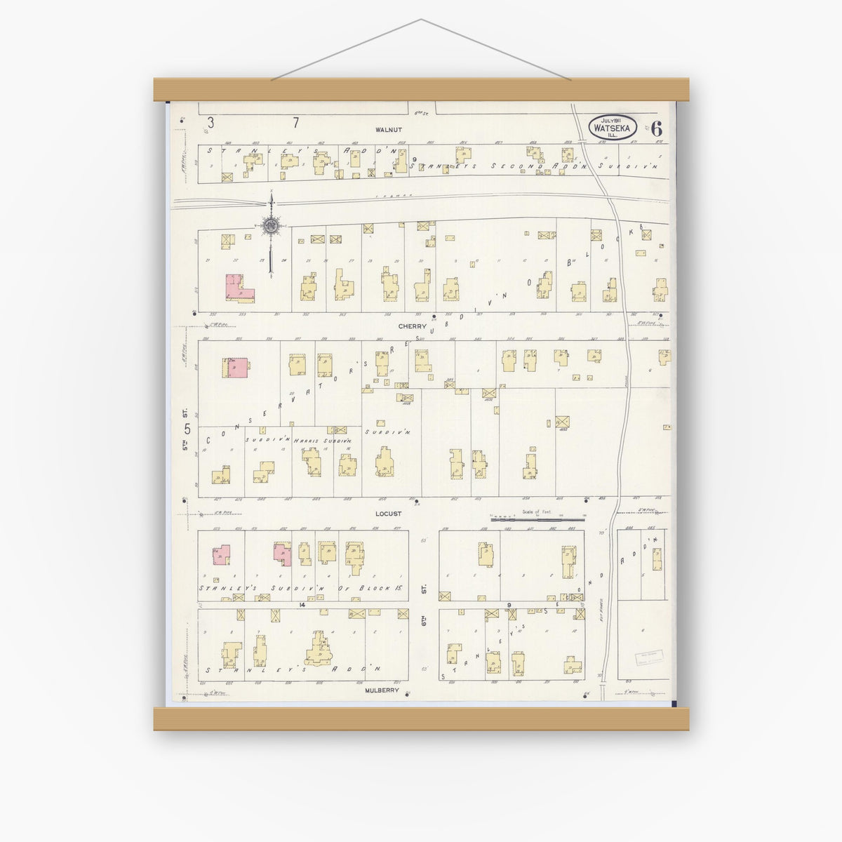 Old map wall art mockup — magnetic wood frame on white wall — Sanborn Fire Insurance Map from Watseka, Iroquois County, Illinois (1911), Sheet #0006
